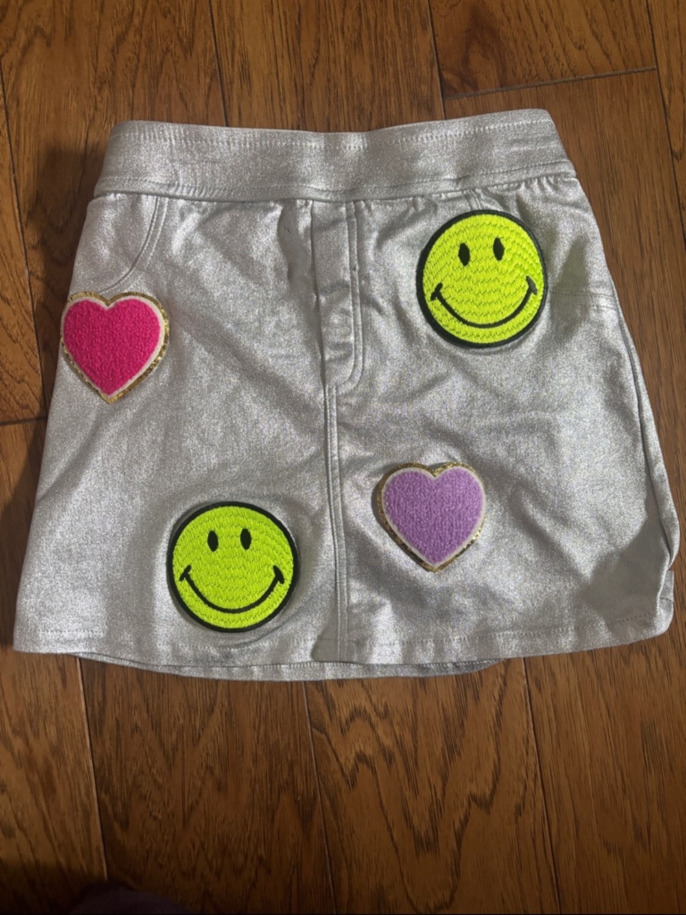 MIA Silver Metallic Skirt with Neon Yellow Smiley & Pink/Purple Heart Patches